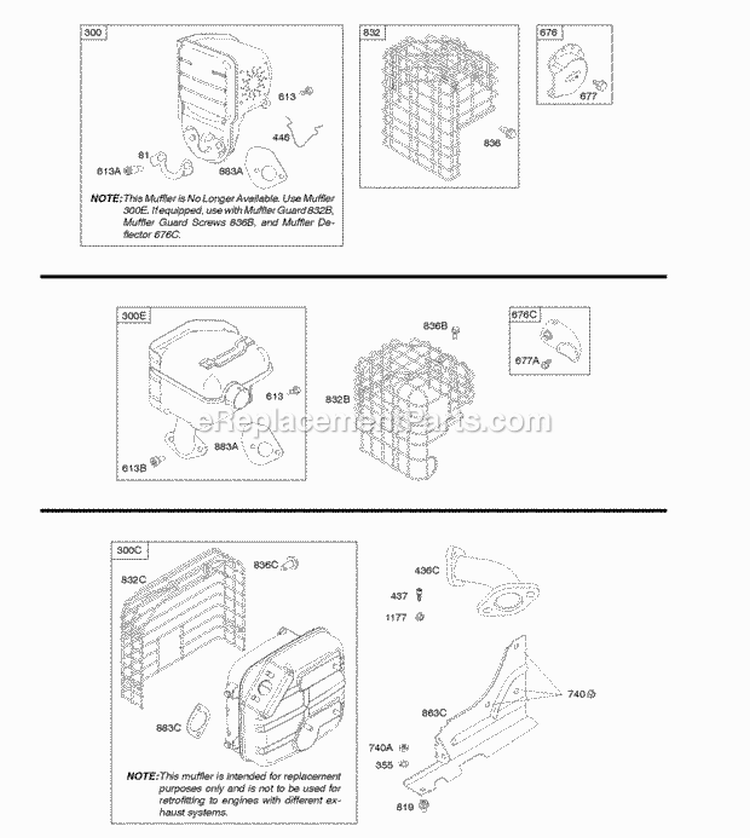 Exhaust System Diagram and Parts List for 204315-0164-E1  Briggs and Stratton Engine